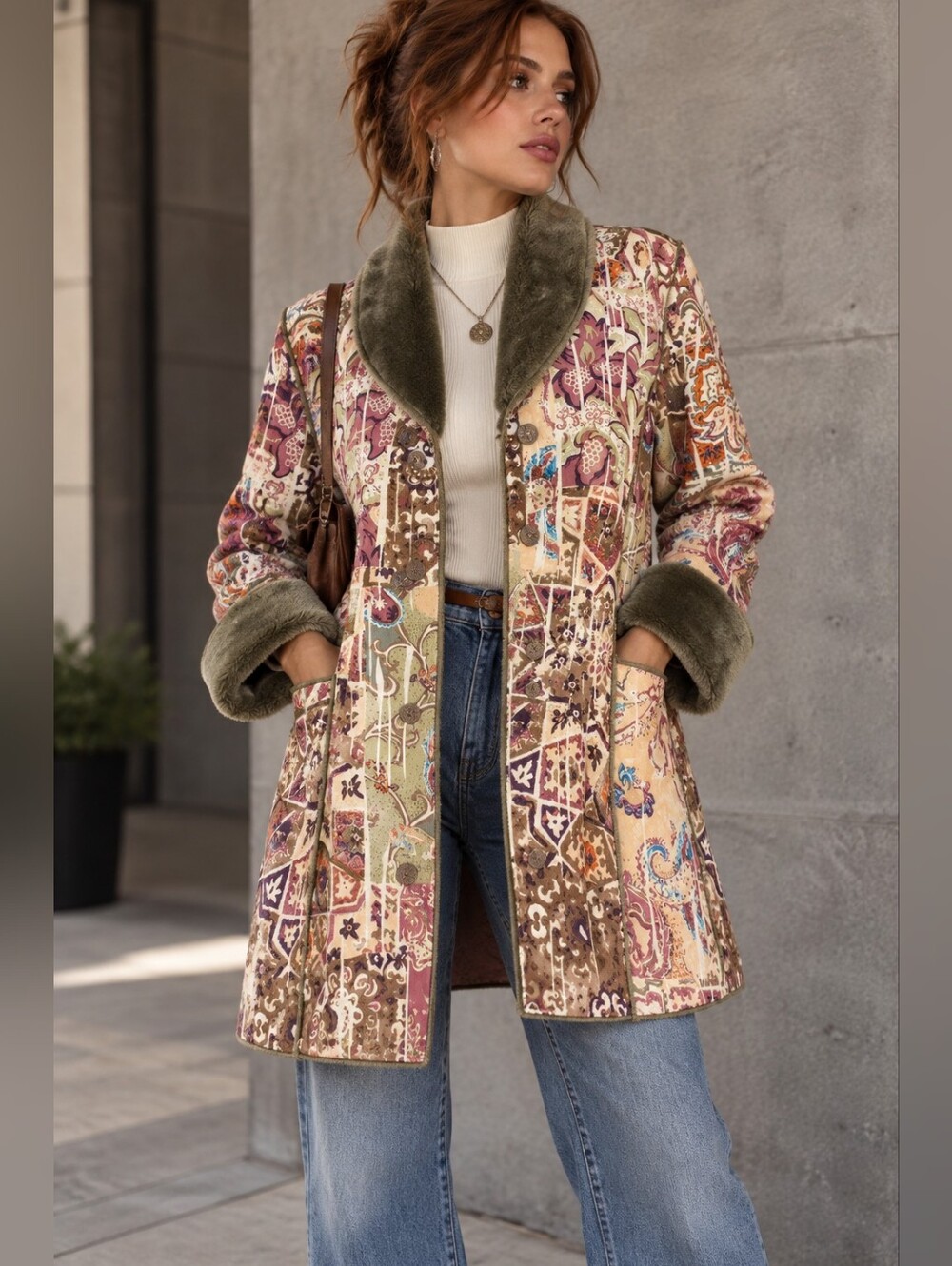 Chico's Tapestry Paisley Faux Fur Trim Coat Boho Penny Lane Art to Wear Size 1